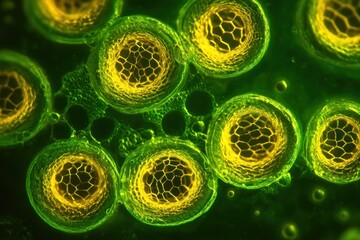 Microscopic world comes alive with vibrant green and yellow cells, showcasing intricate cellular structures and biological details in a stunning close-up view.