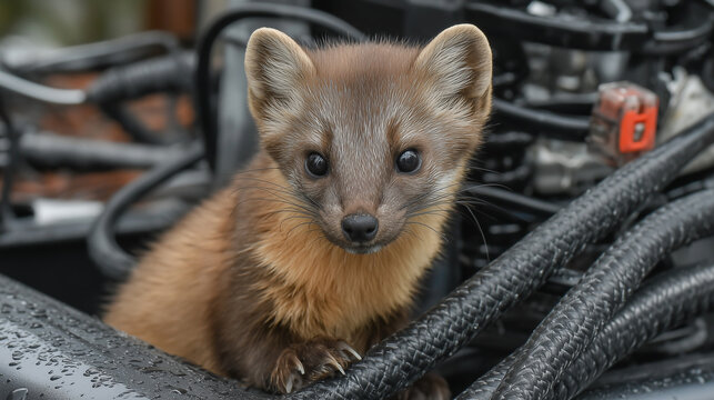 Pine marten exploring vehicle engine compartment in wilderness