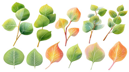 Obraz premium Eucalyptus leaf watercolor flat-lay with mixed orientations, isolated on transparent background