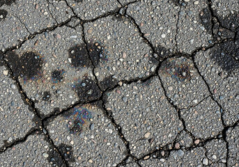 Obraz premium Close-up view of cracked asphalt pavement surface, revealing details of textures and damage, showcasing a concept of wear and tear and the impact of elements – 22.jpg reference.