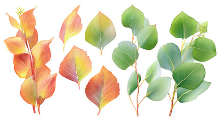Obraz premium Botanical watercolor flat-lay displaying eucalyptus foliage, isolated on transparent background