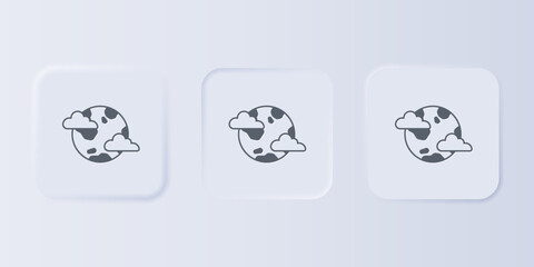 Grey Earth planet with clouds icon isolated on grey background. Earth globe with atmosphere covered by clouds and gases. Set icons in square buttons. Vector