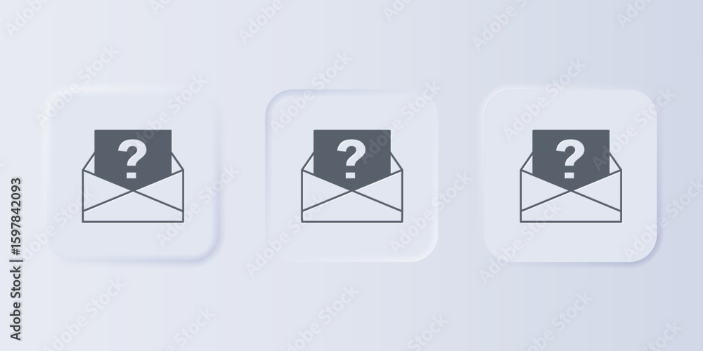 Poster Grey Envelope with question mark icon isolated on grey background. Letter with question mark symbol. Send in request by email. Set icons in square buttons. Vector