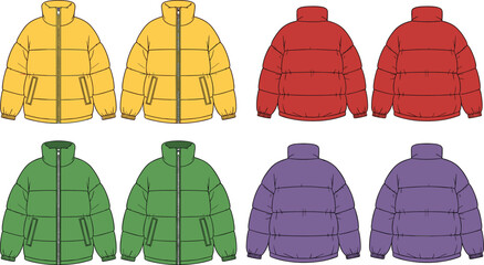 Colorful puffer jackets front and back view, winter outerwear flat sketch, cad technical fashion drawing, cold weather garment vector