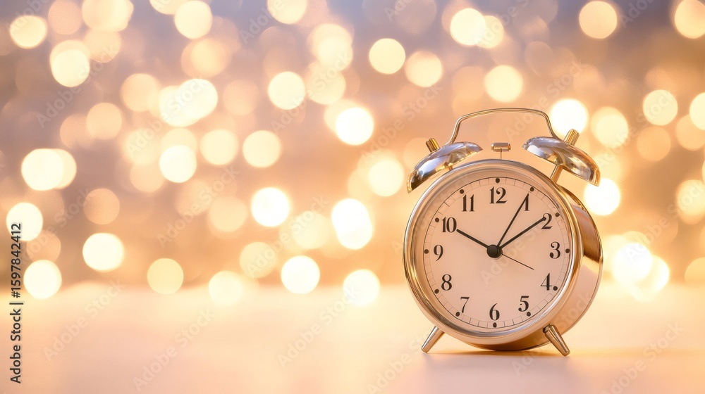 Aufkleber retro style alarm clock is ringing on a blurred golden bokeh background, symbolizing the countdown t