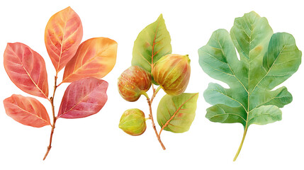 Obraz premium Watercolor flat-lay of fig, olive and mulberry leaves collection, isolated on transparent background