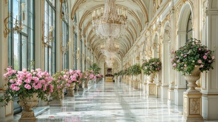 Elegant hallway adorned with pink roses.
