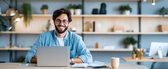 The smiling man working on a laptop in a stylish modern office environment.