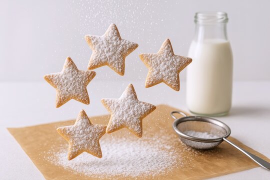 Golden Star Cookies Float Mid-Air, Cascaded with Powdered Sugar, beside a cool bottle of milk, creating a magical and whimsical sweet treat scene.