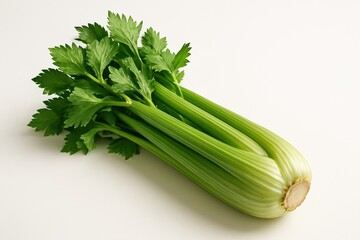 A bunch of fresh celery on a white background, emphasizing its brightness and naturalness. The perfect image for culinary drains and healthy eating.