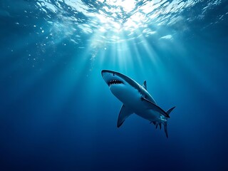 Fototapeta premium Great white shark swimming in clear blue ocean water. Ideal for marine wildlife articles, environmental awareness, and ocean conservation campaigns