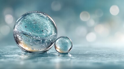 Two translucent glass spheres rest on a reflective surface, showcasing bubbles inside and a soft, blurred blue-gray background with bokeh light effects.