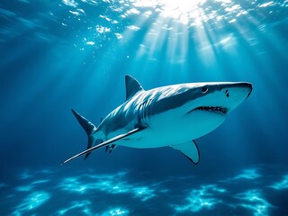 Obraz premium Powerful great white shark gliding through crystal clear blue ocean, perfect for marine life visuals, wildlife education, and ocean conservation themes