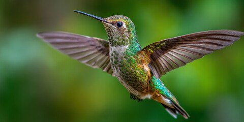 Fototapeta premium A vibrant hummingbird with outstretched wings displays its iridescent green and brown plumage in a close-up shot, showcasing the beauty of wildlife and nature.