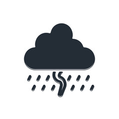 Black Cloud with rain and lightning icon isolated on white background. Rain cloud precipitation with rain drops.Weather icon of storm. Vector