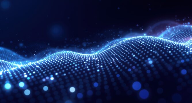 Abstract Blue Digital Waveform with Glowing Particles