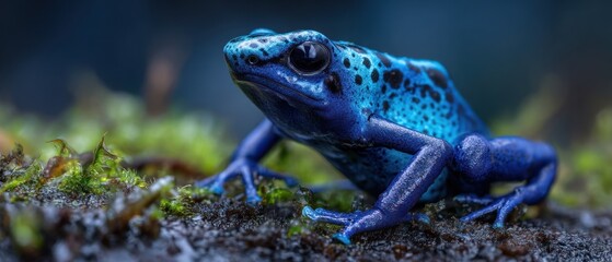 A vibrant blue poison dart frog with black spots sits on moss, showcasing its striking colors and intricate skin pattern in a natural habitat setting.
