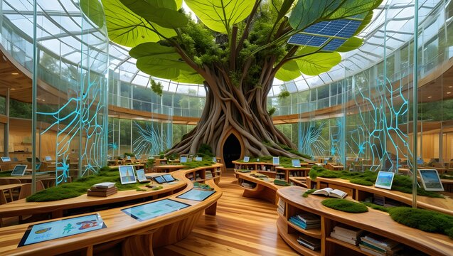Modern Eco-Friendly Library Interior: Sustainable Design, Serene Atmosphere, Natural Light, Wooden Furnishings, and Innovative Technology.