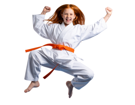 Energetic Red-Haired Girl Jumping in White Karate Gi with Orange Belt, Transparent Background PNG