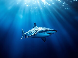 Obraz premium Powerful great white shark gliding through crystal clear blue ocean, perfect for marine life visuals, wildlife education, and ocean conservation themes