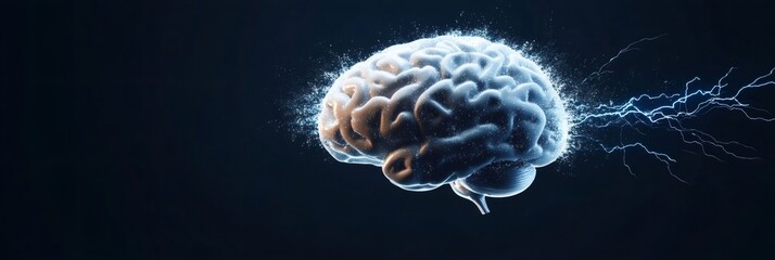 Electrical impulses hitting a digital human brain representing stress, brainstorming, overworking, mental health issues, neurology, psychology, and therapy