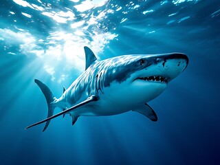 Great white shark swimming in clear blue ocean water. Ideal for marine wildlife articles, environmental awareness, and ocean conservation campaigns