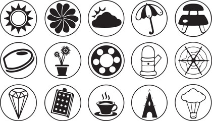 A collection of vector icons depicting Easter eggs, alongside symbols of nature like trees and the sun, ideal for web design
