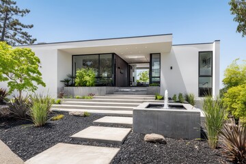 Modern house exterior with concrete walls, wooden door, stone steps, landscape design, greenery, and outdoor lighting.