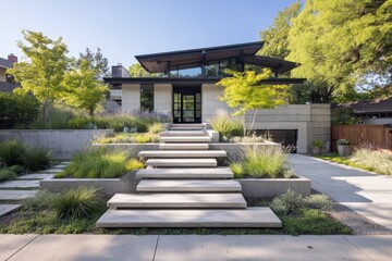 Modern minimalist concrete house with textured steps, glass windows, and vibrant purple flowers in landscaped garden under sunlight.