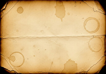A horizontal sheet of aged paper with a vintage texture, showing coffee stains, cup rings, a central fold, and worn torn edges.