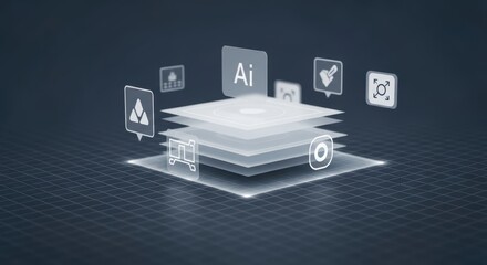 Modern AI Interface with Split Depth Layers, Glowing Tech Grid, and Clean Hover UI Elements