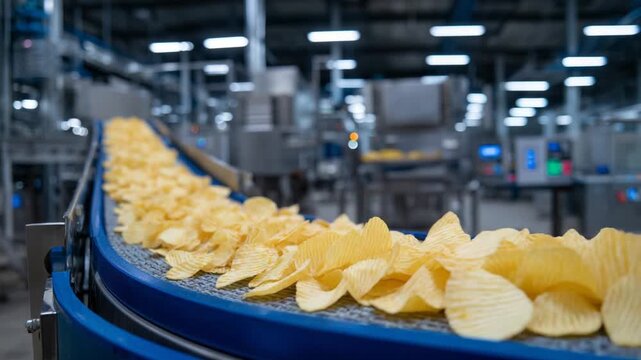 Freshly fried potato chips glide along a conveyor belt under industrial lights, surrounded by gleaming processing equipment.