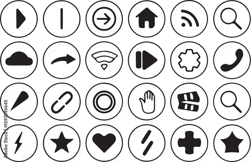Poster black and white vector icon set with web buttons and computer symbols for website design