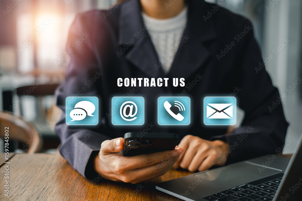Poster digital interface showcasing contact methods including email, phone, and messaging for business comm