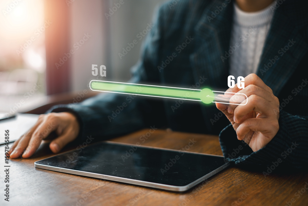 Poster visual representation of 6g technology advancement with a digital progress bar on a tablet, symboliz