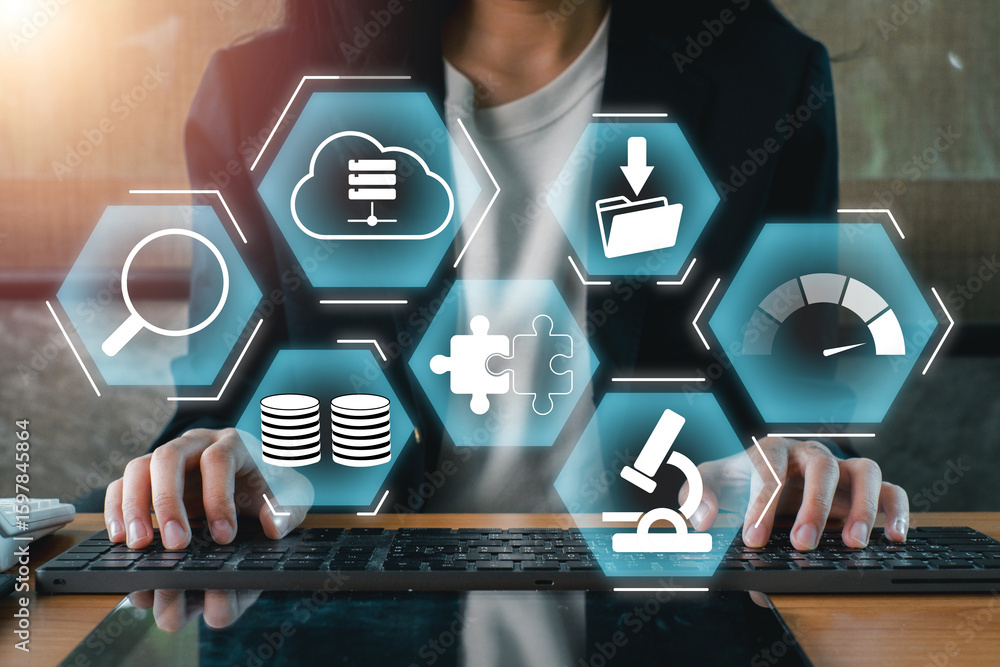 Poster businesswoman interacting with digital icons representing big data, analytics, and cloud computing o