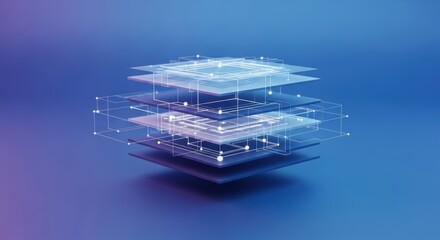 Quantum Information Layer Stack with Diffuse Signal Lines and Floating Rectangular Modules in Blue-Purple Gradient