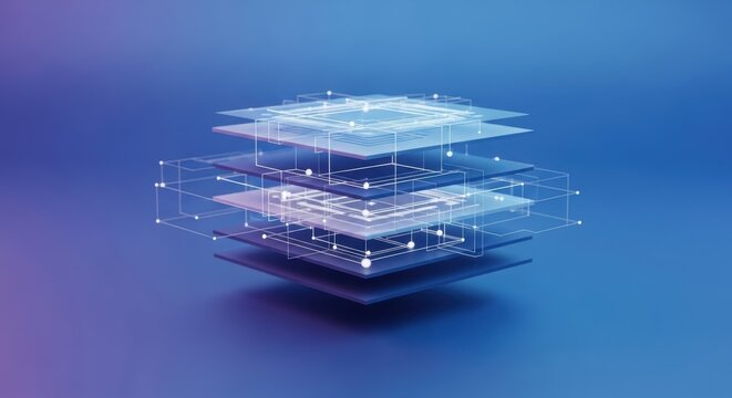 Quantum Information Layer Stack with Diffuse Signal Lines and Floating Rectangular Modules in Blue-Purple Gradient
