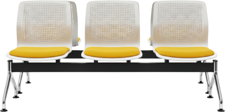 Three modern white chairs with yellow seats on a black bench isolate Seating