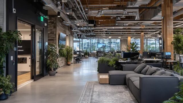 A tech startup workspace features keypad-secured doors, discreet CCTV cameras, and biometric scanners, all integrated into a sleek industrial design.