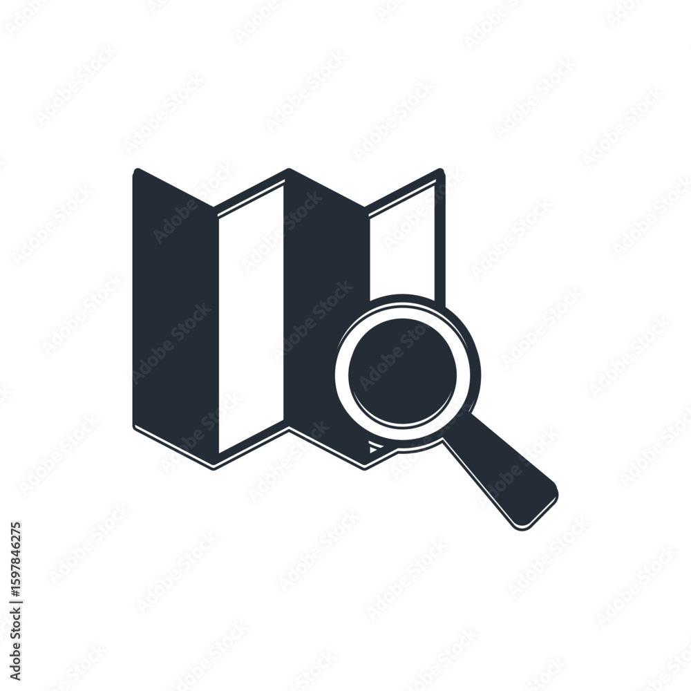Poster black search location icon isolated on white background. magnifying glass with pointer sign. vector