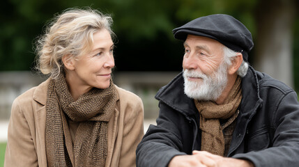 A joyful elderly couple enjoying a heartfelt moment together in a park, showcasing love and companionship during their golden years.