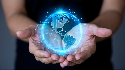 Global technology innovation concept digital earth in hands future connection world