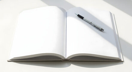 An open, blank notebook lies on a white surface with a pen resting diagonally across the right page, bathed in bright sunlight.