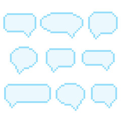 8-bit dialog speech bubbles. Set of pixel social media communication signs. Pixelated chat message, y2k aesthetics. Vector illustration