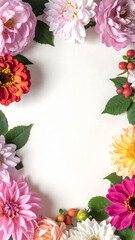 a collection of flowers and greenery are arranged in a partial border around the edges of the image