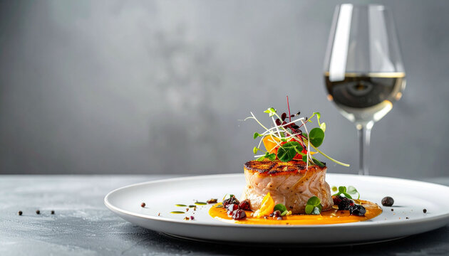 the image showcases an artfully plated food item with a glass filled with liquid to the side. a round piece of cooked fish is positioned centrally on a white plate, resting on a bright orange sauce