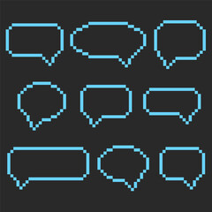 Set of pixelated speech bubbles. 8-bit empty message boxes. Social network chat box symbols. Retro pixel art of chat messages. Vector illustration, y2k aesthetics
