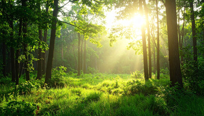 Obraz premium the scene depicts a lush forest bathed in sunlight. sunlight streams through the trees, illuminating the green foliage and grassy undergrowth