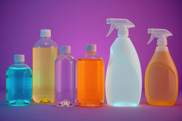 Household cleaning supplies. Plastic bottles.